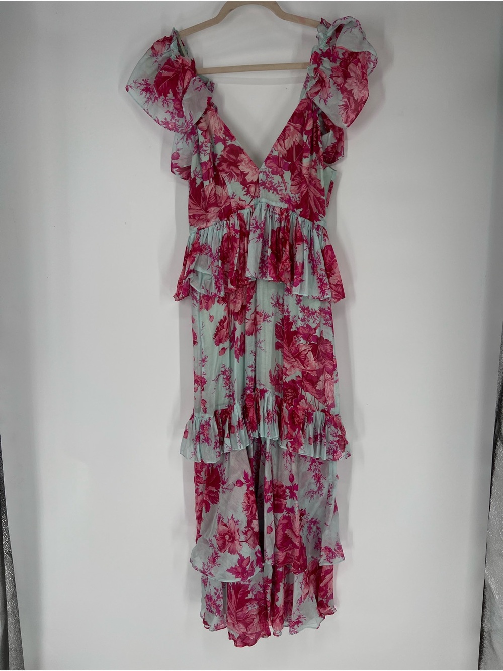 Alice McCall Mint and Pink Floral Off the Shoulder Ruffle Formal Midi Dress 4